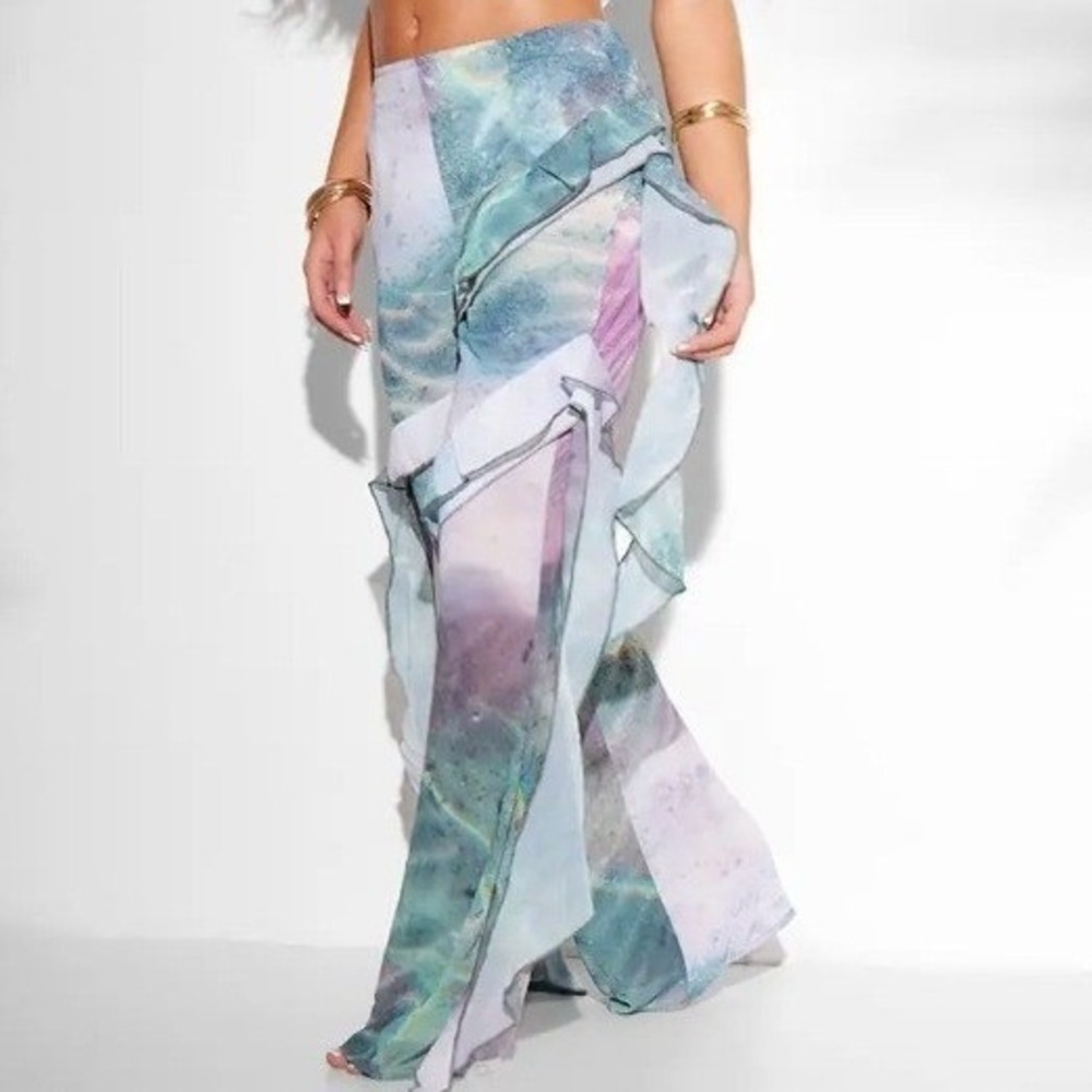 NEW PrettyLittleThing Watercolor Tiered Tie‎ Dye Chiffon Pants Size 8